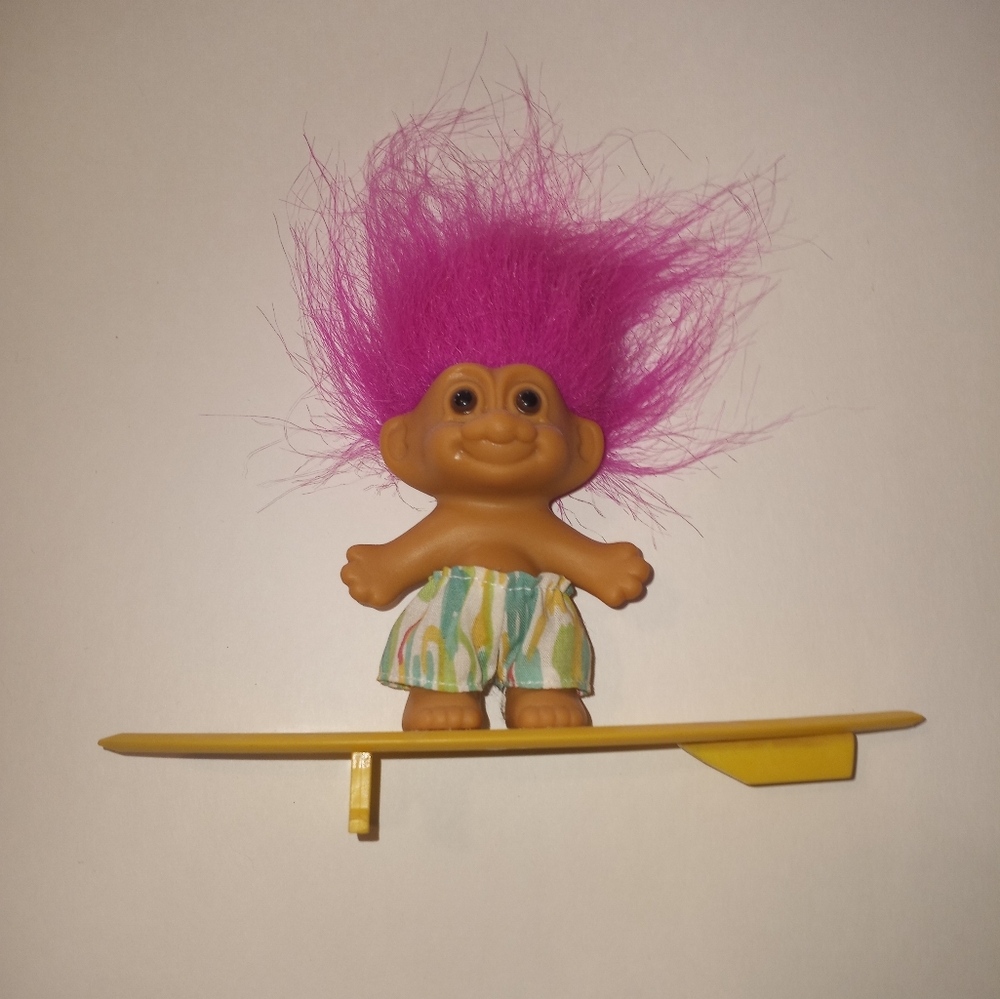 Troll Doll with Pink Hair and Yellow Surfboard